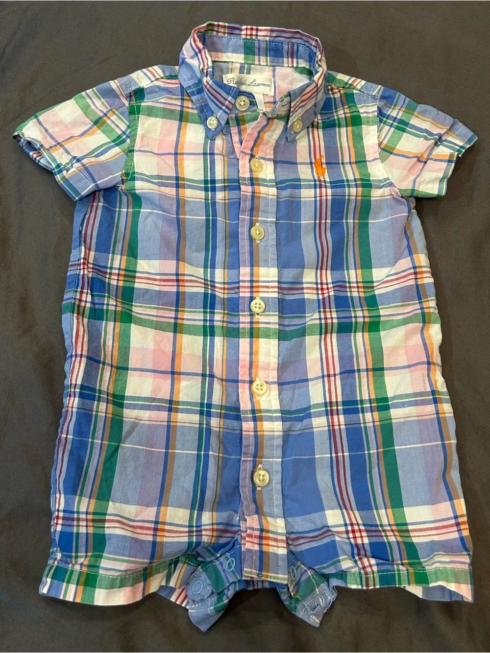 Ralph Lauren Infant Plaid Button-Up Romper - Blue/Green/Pink 3mos